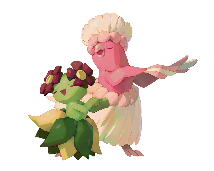 :d bellossom bluekomadori blush_stickers closed_eyes commentary dancing english_commentary highres no_humans open_mouth oricorio oricorio_(pa'u) pokemon pokemon_(creature) simple_background smile tongue u_u white_background