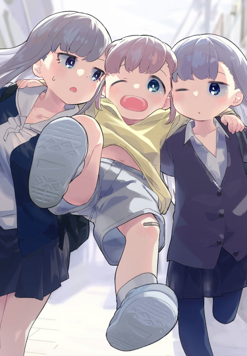 1boy 2girls aharen-san_wa_hakarenai aharen_eru aharen_reina aharen_ren arm_around_shoulder bandaid bandaid_on_knee bandaid_on_leg bangs blue_eyes buttons cardigan collarbone collared_shirt family grey_hair highres leg_up long_hair mizu_asato multiple_girls navel one_eye_closed open_mouth outdoors pantyhose school_uniform shirt shoes shorts skirt socks sweatdrop teeth tongue upper_teeth