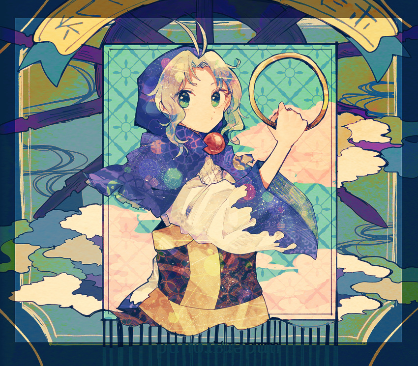 1girl :/ ahoge antenna_hair bangs blonde_hair blue_background blue_dress blue_eyes blue_hair blue_theme blush buttons capelet closed_mouth cloud dress eyebrows_visible_through_hair eyelashes eyes_visible_through_hair frills green_background green_eyes hand_up holding holding_jewelry holding_ring hood itomugi-kun jewelry kesa kumoi_ichirin long_sleeves looking_at_viewer looking_to_the_side ring short_hair solo standing touhou umbrella white_dress wide_sleeves