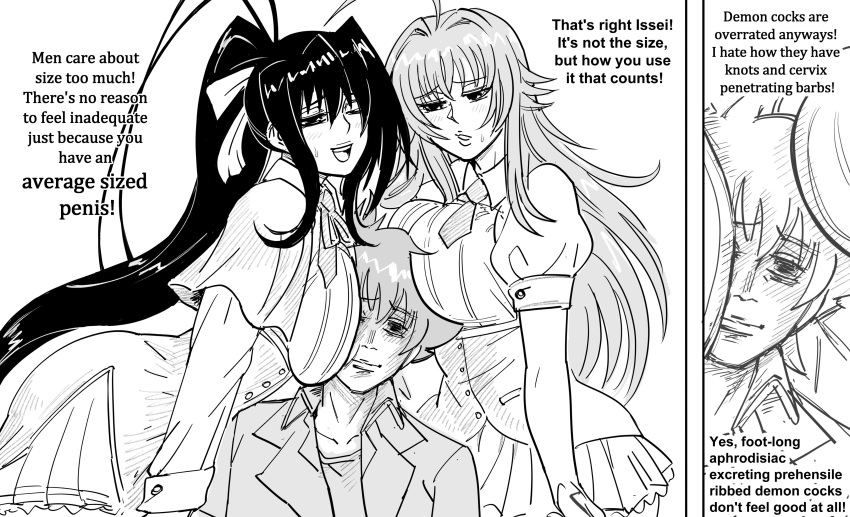 1boy 2girls :d absurdres bb_(baalbuddy) breast_press breasts closed_mouth commentary depressed empty_eyes english_commentary english_text high_school_dxd highres himejima_akeno hyoudou_issei large_breasts long_sleeves miniskirt multiple_girls necktie netorare pleated_skirt puffy_short_sleeves puffy_sleeves rias_gremory short_necktie short_sleeves simple_background skirt smile white_background