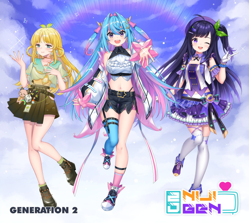 3girls blonde_hair blue_hair detached_collar full_body gendo0032 highres kisaki_tencha leg_up logo long_hair long_sleeves misora_kanon multiple_girls natsumi_hachi nijigen_project nina_ermintrude one_eye_closed pink_hair purple_eyes purple_hair short_sleeves side_ponytail single_thighhigh skirt thighhighs two_side_up virtual_youtuber white_legwear