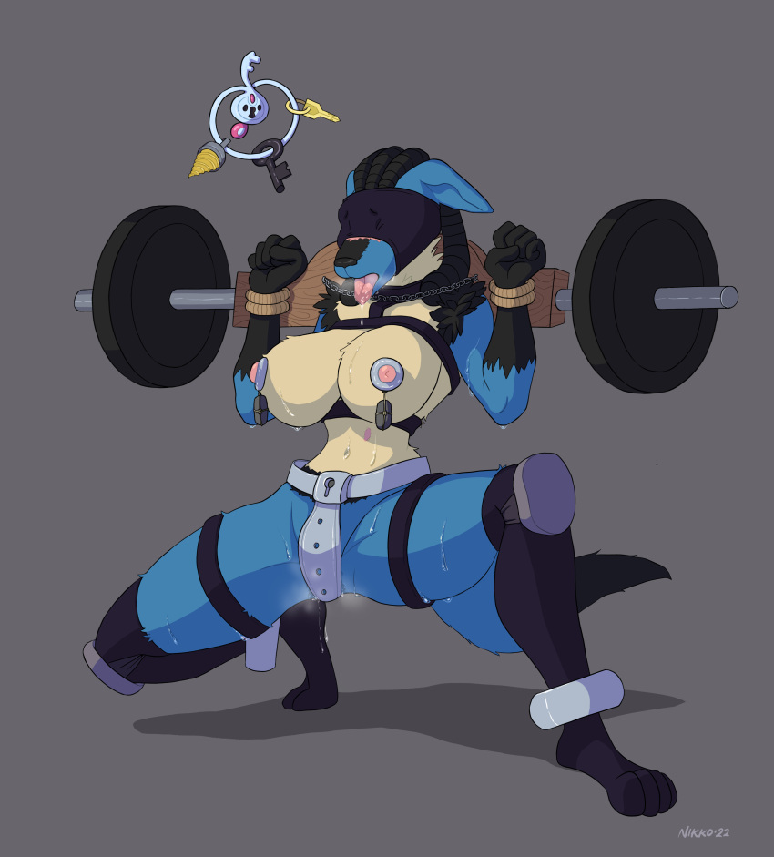 absurd_res anthro arms_tied bdsm big_breasts blindfold bodily_fluids bondage bound breasts breath breeding_slave chain chastity_belt chastity_device duo ears_down egg_vibrator female genital_fluids hi_res in_heat key klefki knee_pads lucario mask multicolored_body nameless_lucario nikkosha nintendo nipple_fetish nipple_play panting pivoted_ears pok&eacute;mon pok&eacute;mon_(species) pussy_juice scar sex_slave sex_toy small_waist spread_legs spreading story story_in_description submissive submissive_anthro submissive_female sweat tongue tongue_out training vibrator video_games weights