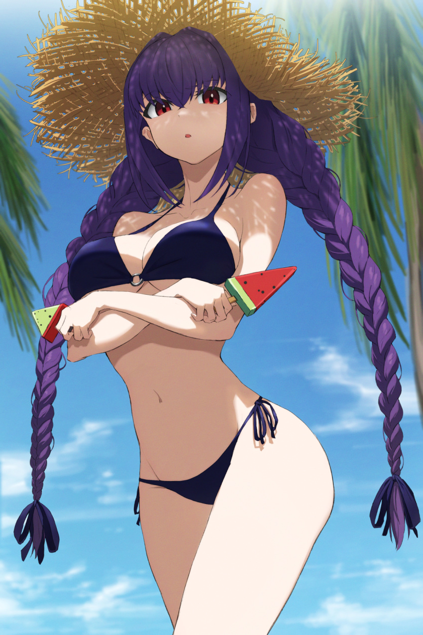 1girl alternate_costume bikini black_bikini blue_sky braid breasts cloud crossed_arms fate/grand_order fate_(series) food hat highres ichi_yoshida large_breasts long_hair looking_at_viewer navel o-ring o-ring_bikini outdoors popsicle purple_hair red_eyes scathach_(fate) side-tie_bikini sky solo stomach straw_hat swimsuit twin_braids watermelon_bar