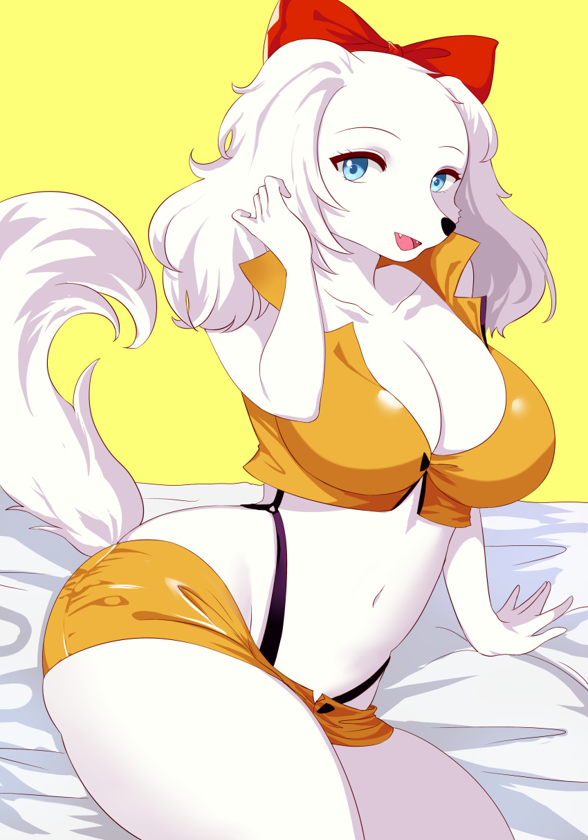 absurd_res accessory anthro bird_dog blue_eyes bottomwear breasts canid canine canis cleavage clothed clothing crop_top curvy_figure domestic_dog fay_spaniel female fur hair hair_accessory hair_bow hair_ribbon hi_res hotpants hunting_dog kemono looking_at_viewer mammal navel nintendo open_mouth open_smile red_hair_bow ribbons shirasiyuki shirt shorts sitting smile spaniel star_fox topwear video_games white_body white_fur white_hair yellow_bottomwear yellow_clothing yellow_shirt yellow_shorts yellow_topwear