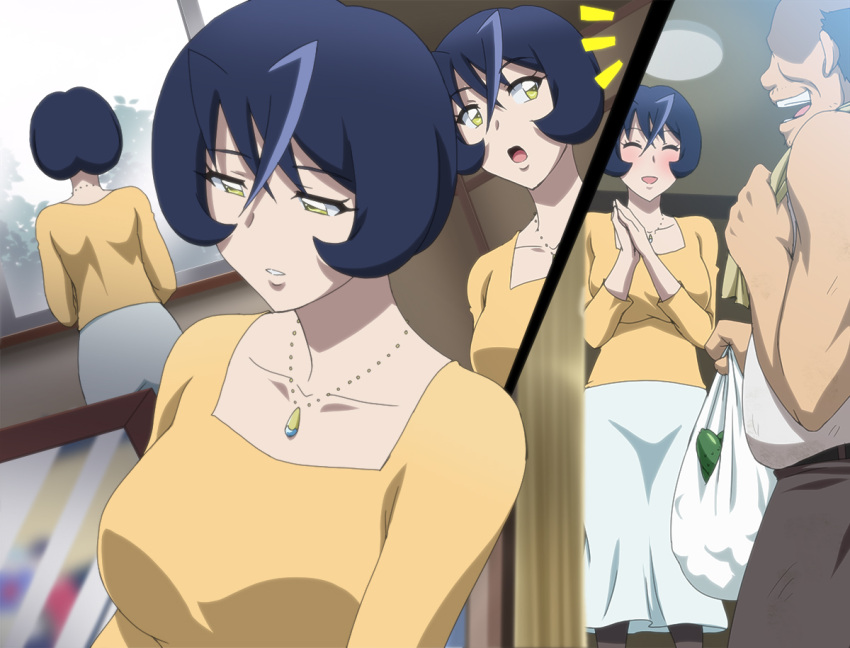 1boy 1girl bag blush bob_cut breasts cucumber dark_blue_hair faceless faceless_male grocery_bag hair_between_eyes housewife jewelry makino_tomoyasu mature_female multiple_views necklace open_mouth palms_together sexually_suggestive shinkansen_henkei_robo_shinkalion shinkansen_henkei_robo_shinkalion_z shopping_bag skirt smile sweater usui_shirayuki white_skirt yellow_eyes yellow_sweater