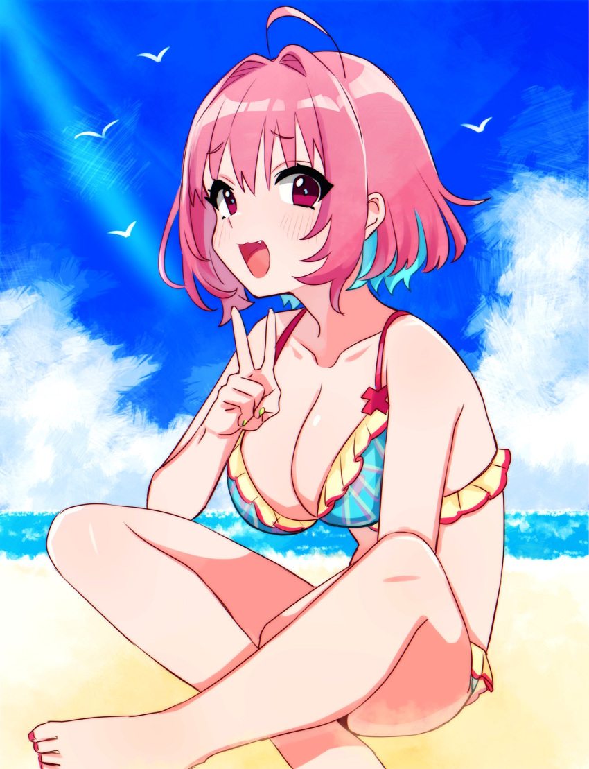 1girl ahoge bare_shoulders beach bikini bird blue_bikini blue_hair blue_sky breasts cloud collarbone day fang foreshortening frilled_bikini frills hand_up highres horizon idolmaster idolmaster_cinderella_girls indian_style large_breasts light_blush looking_at_viewer multicolored_hair nail_polish ocean official_alternate_costume open_mouth outdoors pink_hair red_nails saito_katuo shiny shiny_hair short_hair sitting sky solo swimsuit thighs toenail_polish toenails two-tone_hair v water yumemi_riamu