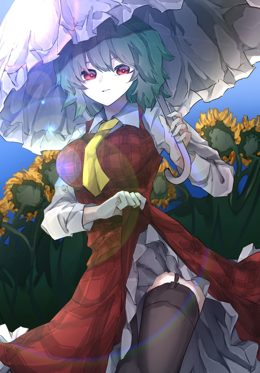 1girl bangs black_legwear blue_sky bright_pupils closed_mouth clothes_lift cloud collared_shirt dress dress_lift field flower flower_field garter_straps green_hair highres holding holding_umbrella kazami_yuuka lifted_by_self long_sleeves looking_at_viewer necktie outdoors plaid plaid_dress red_dress red_eyes shirt short_hair sky solo standing sunflower thighhighs touhou umbrella vivo_(vivo_sun_0222) white_pupils white_shirt white_umbrella yellow_necktie