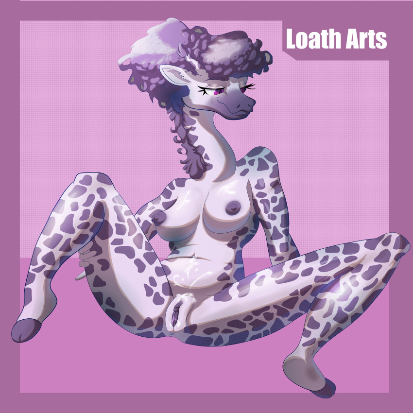 absurd_res anthro bodily_fluids breasts cel_shading cum cum_in_nipples cum_in_pussy cum_inside curled_hair digital_drawing_(artwork) digital_media_(artwork) female fur genital_fluids genitals giraffe giraffid hair hi_res hooves humanoid loah_wunny long_neck mammal purple_body purple_eyes purple_fur purple_hair pussy pussy_juice shaded solo