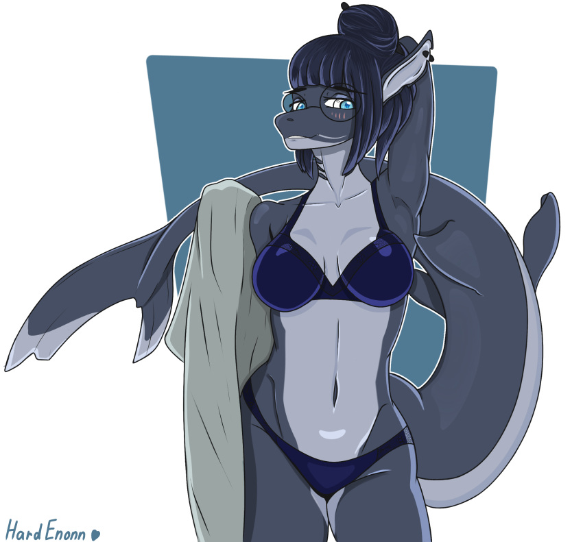 anthro blue_eyes breasts clothing female fish hardenonn hi_res looking_at_viewer marine panties shark shark_tail solo tagme towel underwear