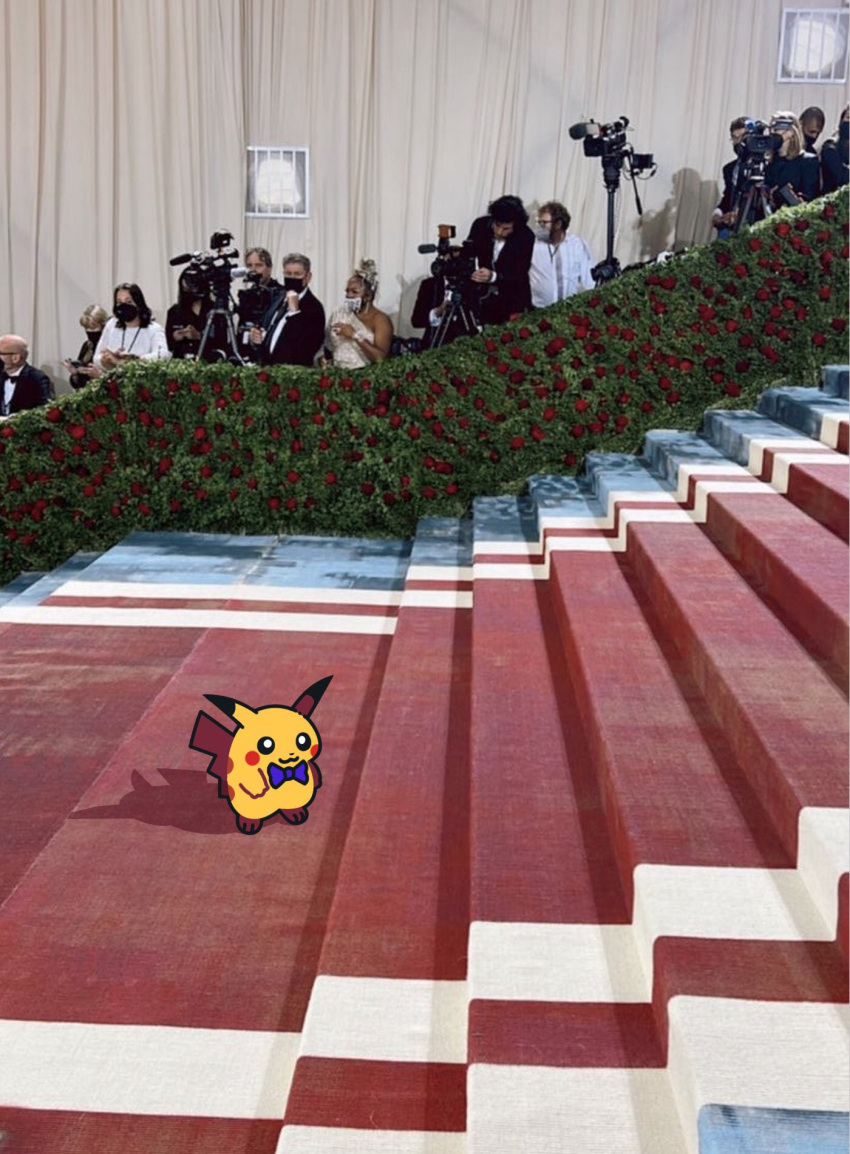 :3 artsy-rc bow bowtie commentary english_commentary highres looking_at_viewer parody people photo_background pikachu pokemon pokemon_(creature) smile wide_shot