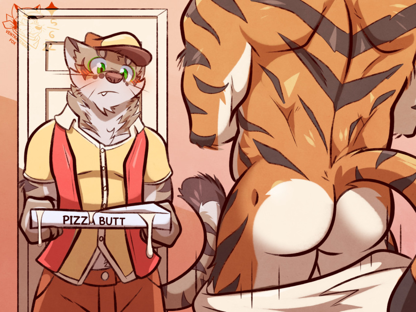 blush butt delivery_(commerce) duo fangs felid food_delivery leopard lin_hu male male/male mammal muscular nekojishi pantherine pizza_box pizza_delivery rear_view shu-chi stripes studio_klondike tiger towel towel_only ventkazemaru video_games visual_novel whiskers