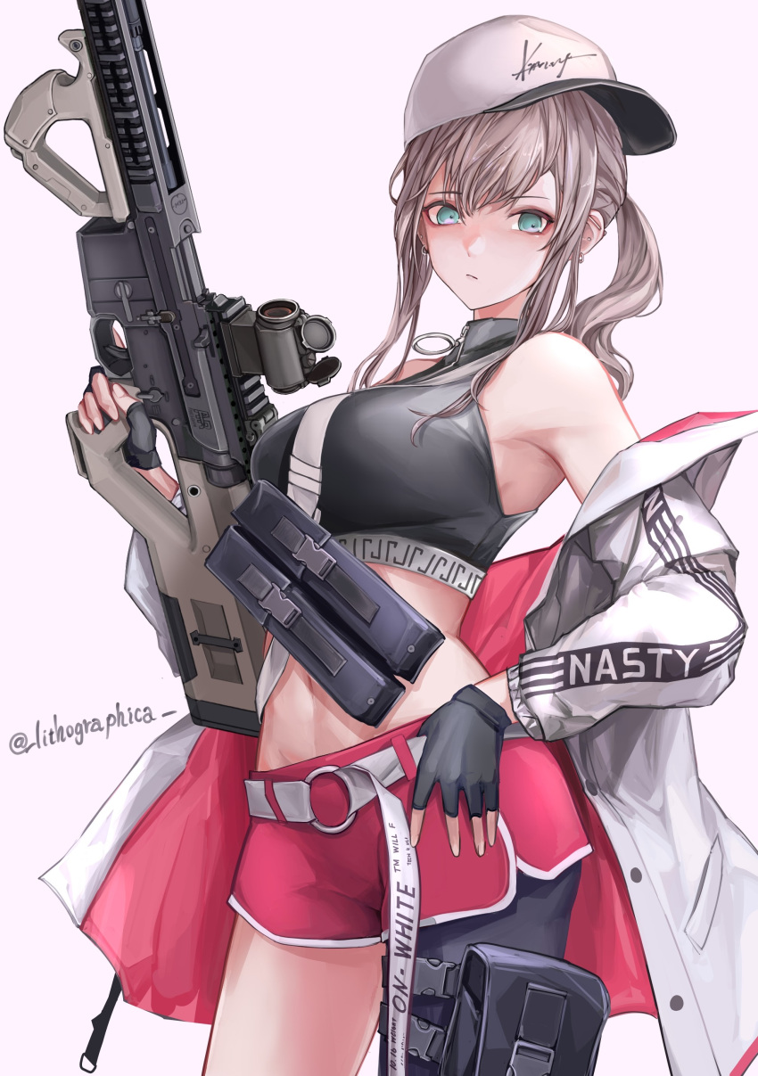 1girl absurdres aqua_eyes ar-57 ar-57_(girls'_frontline) assault_rifle bangs black_gloves black_tank_top blonde_hair breasts closed_mouth crop_top eye_piercing eyebrows_visible_through_hair feet_out_of_frame fingerless_gloves girls'_frontline gloves gun hand_on_hip highres holding holding_gun holding_weapon jacket jacket_pull lithographica long_hair looking_at_viewer medium_breasts navel open_clothes open_jacket pink_shorts rifle shorts side_ponytail sideboob solo standing tank_top twitter_username weapon white_background white_headwear white_jacket