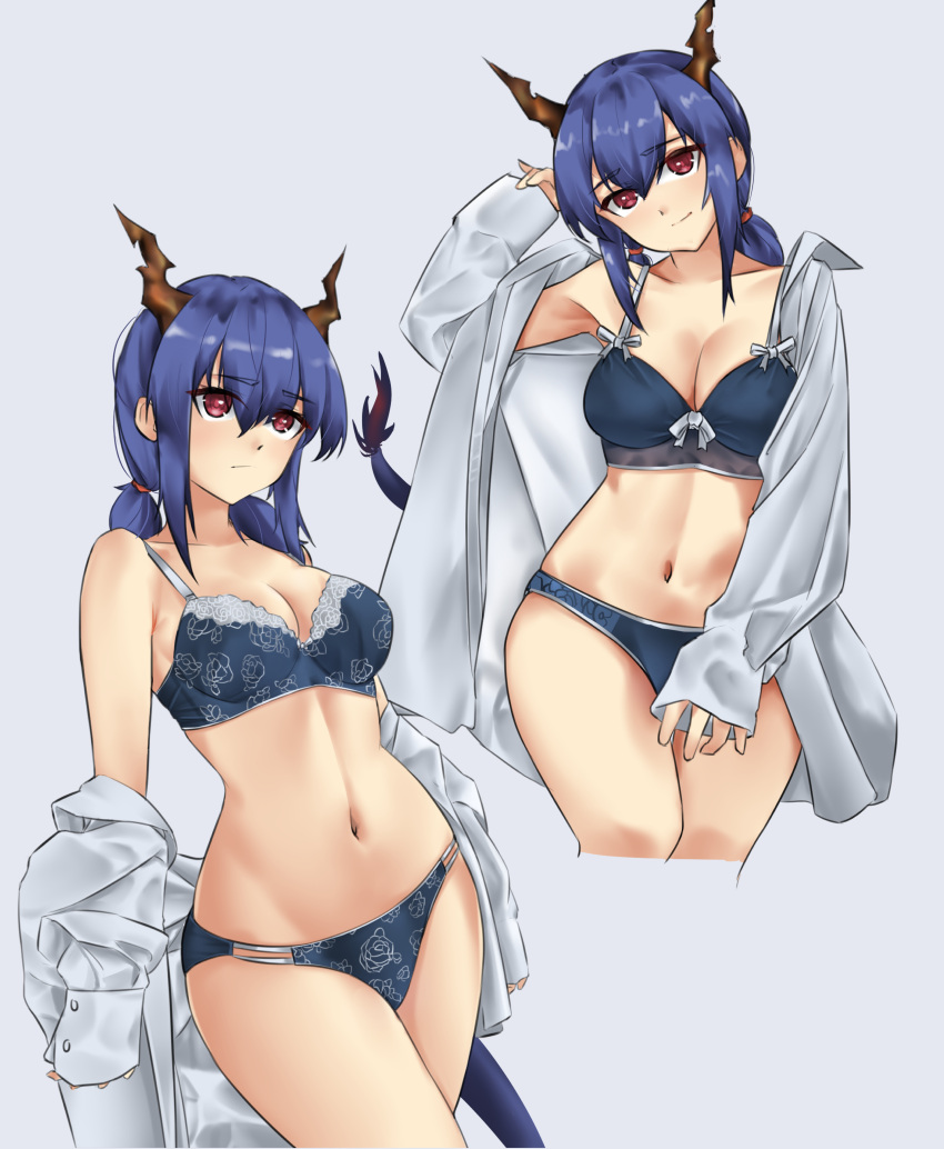 1girl absurdres arknights bare_shoulders blue_bra blue_hair blue_panties bra breasts casperrin ch'en_(arknights) cleavage commentary cropped_legs dragon_horns dragon_tail english_commentary grey_background head_tilt highres horns large_breasts long_hair looking_at_viewer low_twintails multiple_views navel off_shoulder open_clothes open_shirt panties red_eyes shirt sidelocks simple_background smile standing stomach tail thighs twintails underwear white_shirt