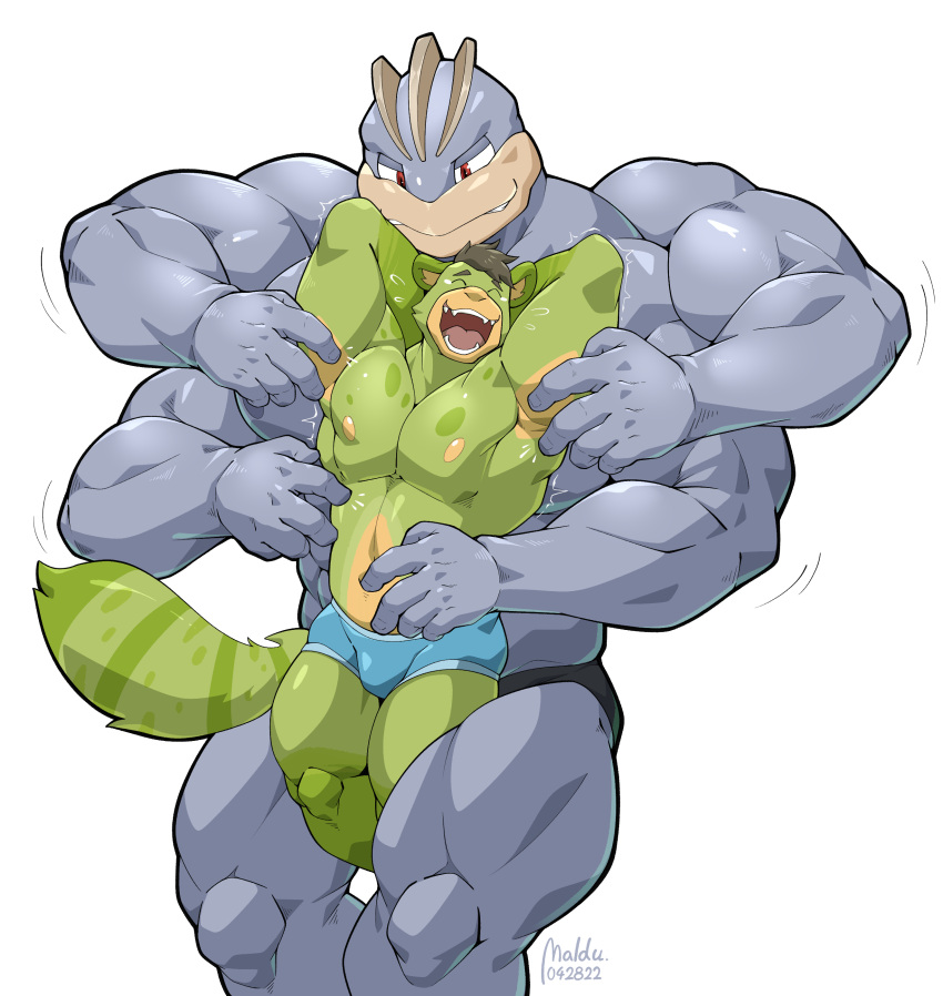 4_arms absurd_res anthro clothed clothing duo fur green_body green_fur grey_body grey_skin hair hi_res lemur machamp maldu male mammal multi_arm multi_limb muscular muscular_anthro muscular_male nintendo nipples open_mouth pecs pok&eacute;mon pok&eacute;mon_(species) primate simple_background size_difference strepsirrhine tickling topless underwear video_games white_background