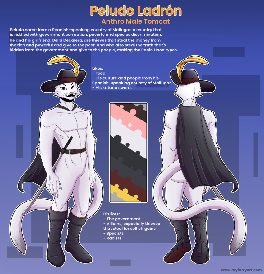 animal_humanoid anonymous_artist anthro belt blue_border boots border cape cat_humanoid clothing english_text felid felid_humanoid feline feline_humanoid footwear hat headgear headwear hi_res humanoid info katana male mammal mammal_humanoid melee_weapon model_sheet my_furry_art peludo_ladron reference_image solo sword text url weapon white_body yellow_feather