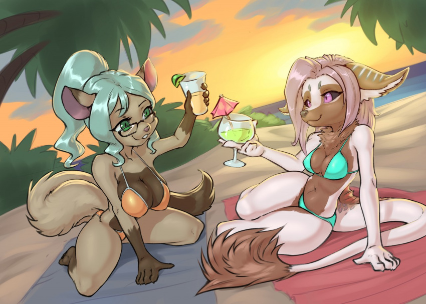 alcohol anthro beach beach_towel beverage bikini black_sclera breasts brown_body brown_fur clothing cocktail cocktail_garnish cocktail_glass cocktail_umbrella container cup dra'essa drinking_glass duo ear_markings facial_markings fatima felid female fur furry_dragon glass glass_container glass_cup green_eyes green_hair hair head_markings lying mammal markings meeka_rose navel neck_tuft on_side pink_eyes pink_hair prehensile_tail seaside sunset swimwear tail_tuft thefuckingdevil towel tuft water