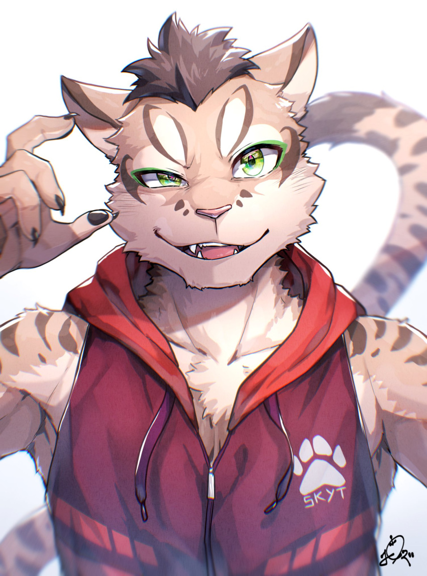 2022 anthro clothing deity felid feline green_eyes hi_res hoodie leopard_cat looking_at_viewer male mammal nekojishi open_mouth ponzu_tas prionailurus red_clothing red_hoodie red_topwear shu-chi signature simple_background solo studio_klondike topwear video_games visual_novel white_background young