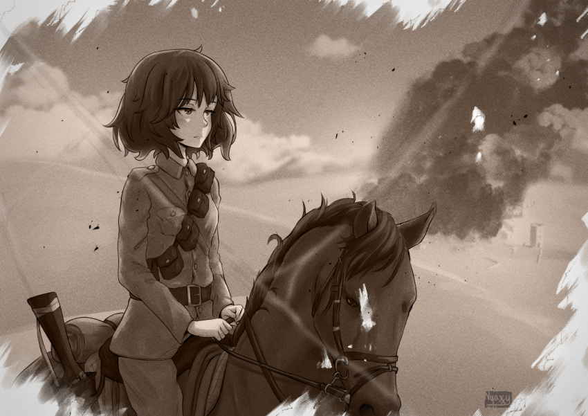 1girl akiyama_yukari artist_name belt closed_mouth cloud cloudy_sky commentary commission dated day desert english_commentary epaulettes frown girls_und_panzer gun half-closed_eyes horizon horse horseback_riding jacket long_sleeves looking_to_the_side messy_hair military military_uniform monochrome nyaxxy outdoors pants pouch riding rifle sam_browne_belt sepia short_hair signature sky smoke solo uniform weapon world_war_i
