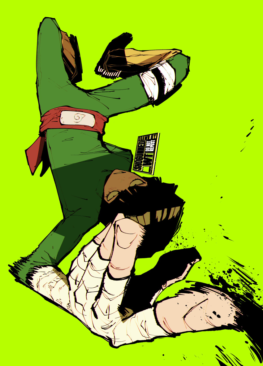 1boy absurdres arm_behind_back bandaged_hand bandaged_leg bandages black_hair blush drunk fingernails green_background green_theme headband highres looking_at_viewer male_focus motion_lines naruto naruto_(series) parted_lips rdkshinku red_headband rock_lee simple_background solo speed_lines thigh_strap upside-down watermark