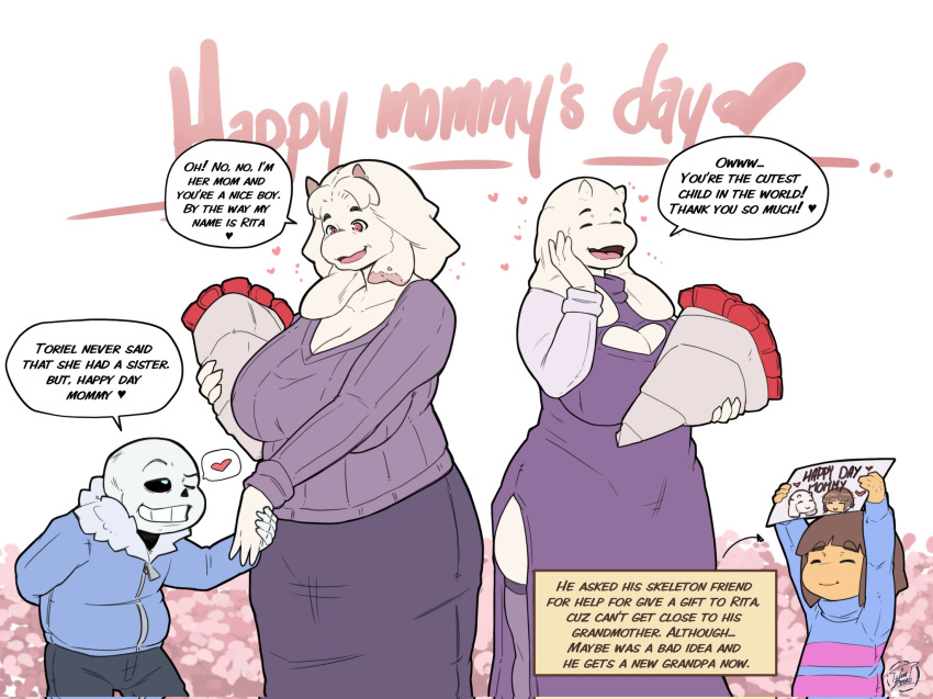 &lt;3 2022 age_difference animated_skeleton anthro artist_name big_breasts bone boss_monster bottomwear bouquet bovid breasts caprine cleavage cleavage_cutout clothed clothing cumbread dialogue english_text eyes_closed female floppy_ears flower flower_bouquet frisk_(undertale) goat group hair hi_res holding_object holidays horn huge_breasts human jacket larger_female male mammal mature_female mother's_day mother's_day_card older_female one_eye_closed open_mouth open_smile pants pictographics plant rita_(cumbread) sans_(undertale) short_hair signature size_difference skeleton skirt smaller_male smile speech_bubble standing sweater text topwear toriel undead undertale undertale_(series) video_games white_hair wink younger_male