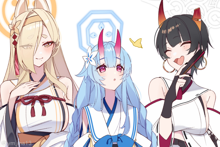 3girls akym animal_ears arm_under_breasts bangs black_hair blonde_hair blue_archive blue_hair blush braid breasts chise_(blue_archive) closed_eyes closed_fan detached_sleeves earrings fangs flower folding_fan hair_between_eyes hair_flower hair_ornament hair_over_one_eye hairband halo hand_fan hand_on_own_chest highres holding holding_fan hoop_earrings horns japanese_clothes jewelry kaho_(blue_archive) large_breasts long_hair mole mole_under_eye mole_under_mouth multiple_girls niya_(blue_archive) oni_horns open_mouth parted_lips pink_hair short_hair simple_background skin_fangs tassel twin_braids twitter_username very_long_hair white_background white_flower wide_sleeves