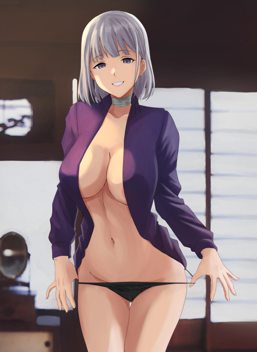 1girl areolae bandaged_neck bandages black_panties collared_shirt cowboy_shot cyka girls'_frontline highres indoors long_sleeves looking_at_viewer navel open_clothes open_shirt panties panty_pull purple_eyes purple_shirt rpk-16_(girls'_frontline) shirt short_hair smile solo standing underwear undressing