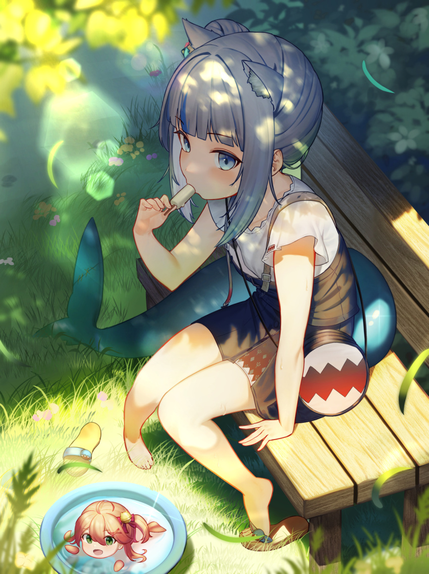 2girls animal_ear_fluff animal_ears bangs banned_artist bare_arms bare_legs barefoot black_overalls blue_eyes blue_hair blunt_bangs blush cat_ears day eating extra_ears food food_in_mouth from_above full_body gawr_gura grass grey_hair highres holding holding_food hololive hololive_english leaf looking_at_viewer minigirl multicolored_hair multiple_girls on_bench outdoors overalls popsicle sakura_miko sandals shirt short_sleeves side_ponytail sidelocks sideways_glance single_sandal sitting streaked_hair virtual_youtuber white_shirt yiku_(sim7368)
