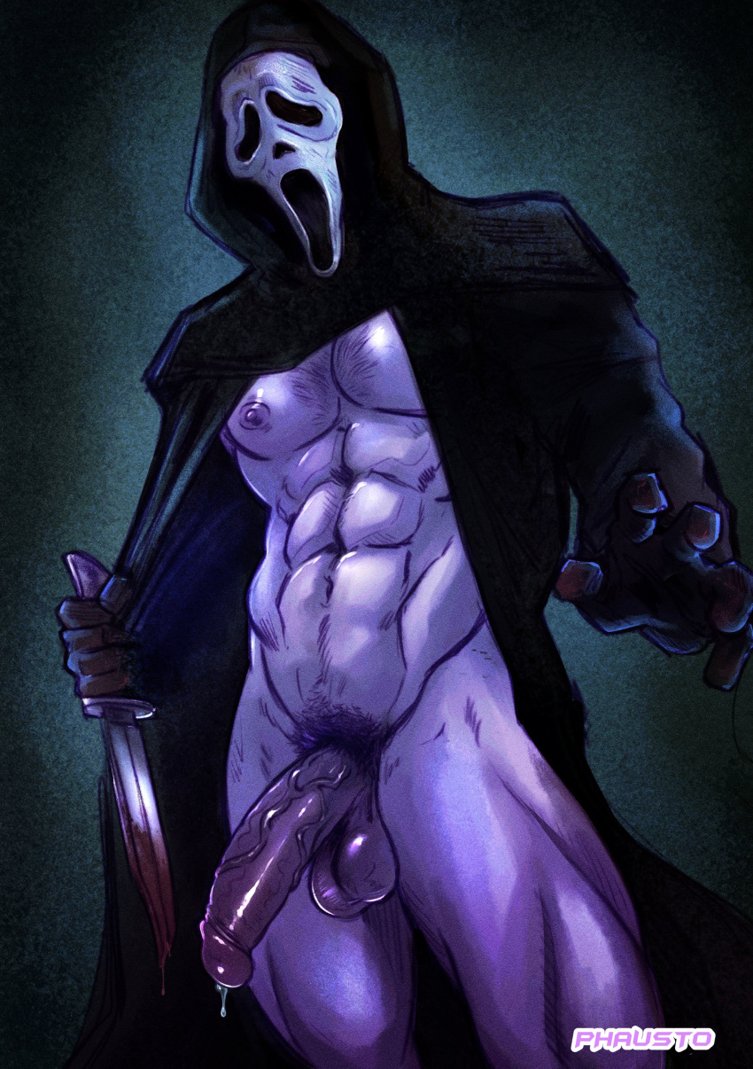 1boy abs absurdres artist_name bara black_coat black_gloves blood blood_on_knife blood_on_weapon chest_hair coat flaccid ghostface gloves highres holding holding_knife holding_weapon hood hood_up hooded_coat knife large_pectorals long_coat male_focus male_pubic_hair mask muscular muscular_male navel nipples nude open_clothes open_coat pectorals penis phaustok pubic_hair scream_(movie) solo thick_thighs thighs weapon