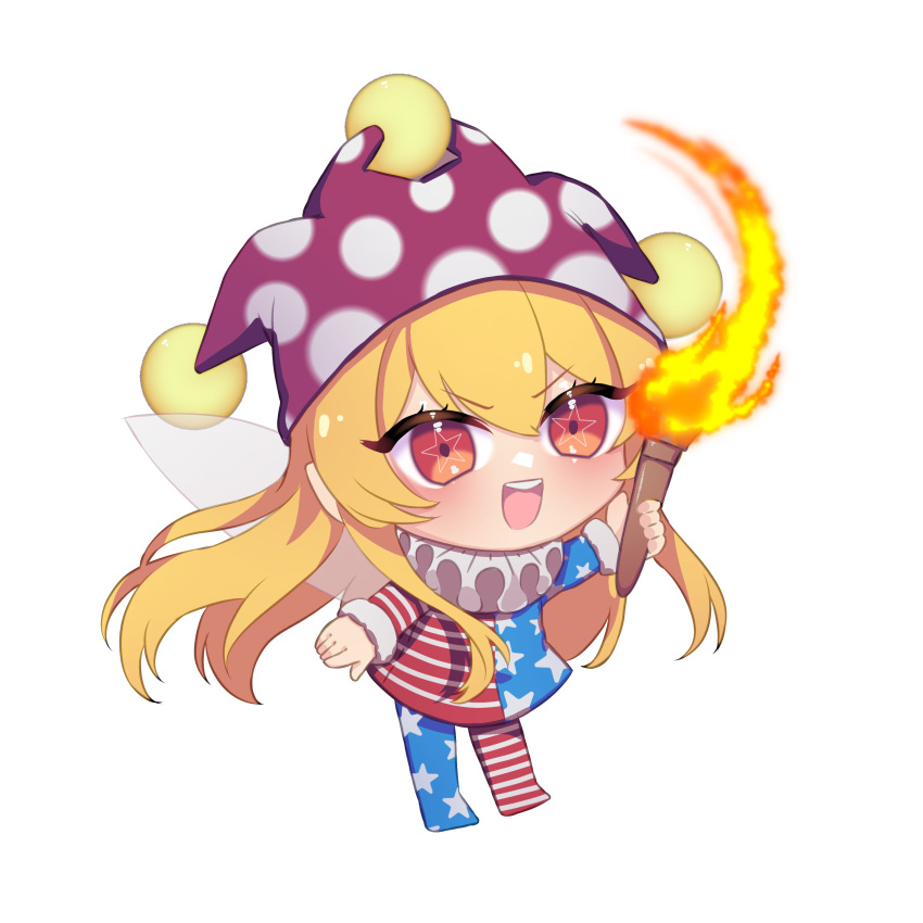 1girl absurdres american_flag_pants american_flag_shirt arm_up bangs blonde_hair blush chibi clownpiece commentary_request eyelashes fairy_wings fire full_body hair_between_eyes hand_up hat highres holding holding_torch jester_cap long_hair long_sleeves looking_to_the_side neck_ruff no_shoes open_mouth pants pointy_ears polka_dot purple_headwear red_eyes sakikagami shirt simple_background smile solo standing star_(symbol) star_in_eye star_print striped striped_pants striped_shirt symbol_in_eye teeth tongue torch touhou v-shaped_eyebrows white_background wings