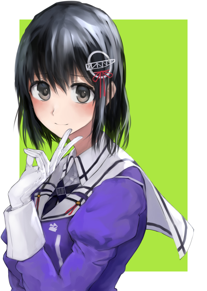 1girl 73suke absurdres black_hair black_necktie brown_eyes gloves green_background haguro_(kancolle) haguro_kai_ni_(kancolle) hair_ornament highres kantai_collection looking_at_viewer military military_uniform necktie purple_shirt sailor_collar shirt short_hair solo uniform upper_body white_gloves white_sailor_collar