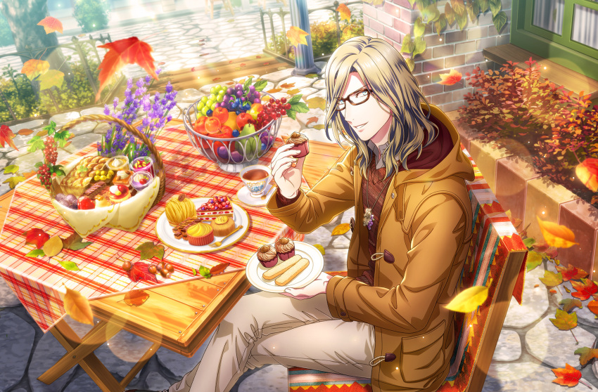 1boy apple autumn_leaves basket bespectacled blonde_hair blue_eyes blueberry brown-framed_eyewear brown_jacket bush cake cake_slice camus_(uta_no_prince-sama) chair cherry chestnut chocolate_cake cobblestone cookie crossed_legs cup cushion day falling_leaves feet_out_of_frame fence fingernails flower food fork fruit fruit_bowl glasses grapes grey_shirt highres holding holding_food holding_plate jacket jewelry lavender_(flower) leaf leaf_necklace lens_flare light_particles looking_at_viewer male_focus maple_leaf medium_hair mont_blanc_(food) mousse_(food) official_art open_clothes open_jacket pants parted_lips peach pear pendant picnic_basket picnic_table pie plant plate purple_flower red_sweater_vest saucer shirt sitting smile solo sponge_cake stone_walkway sunlight sweater_vest table tablecloth tea teacup teaspoon third-party_source uta_no_prince-sama uta_no_prince-sama:_shining_live white_pants wooden_table yellow_flower