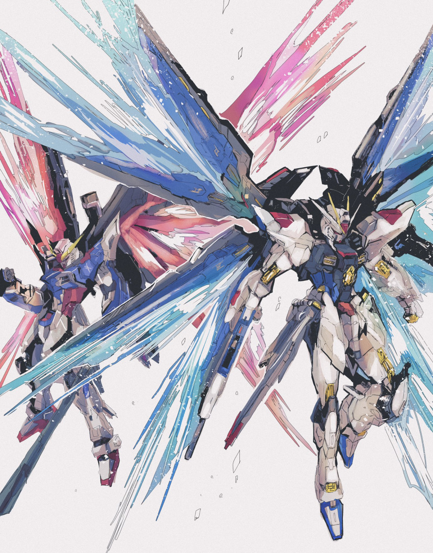 beam_rifle clenched_hand commentary destiny_gundam energy_gun energy_weapon energy_wings gun gundam gundam_seed gundam_seed_destiny highres holding holding_gun holding_weapon kare_(0621utak) mecha mechanical_wings mobile_suit no_humans science_fiction simple_background strike_freedom_gundam v-fin weapon white_background wings