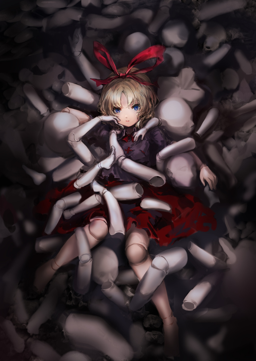 1girl absurdres bangs barefoot black_shirt blonde_hair blue_eyes bow bowtie closed_mouth doll doll_joints dqn_(dqnww) eyebrows_visible_through_hair highres horror_(theme) joints light looking_at_viewer looking_up lying mannequin medicine_melancholy on_back puffy_short_sleeves puffy_sleeves red_bow red_bowtie red_skirt shadow shirt short_hair short_sleeves skirt solo touhou