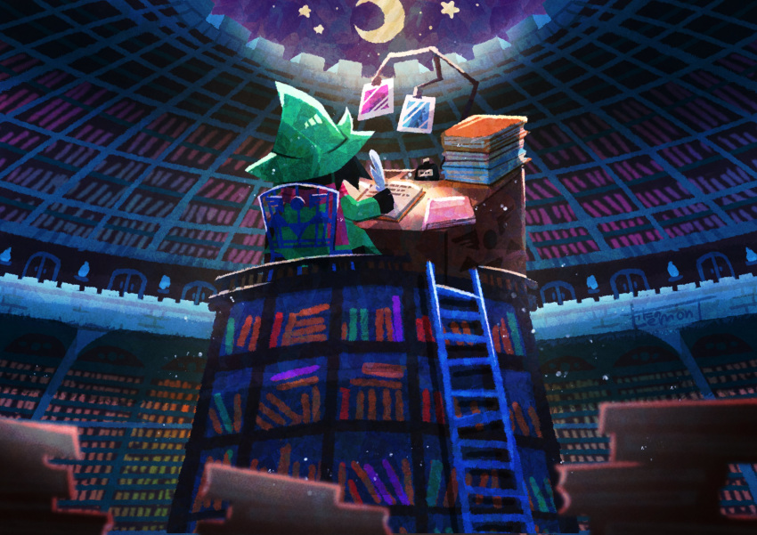absurd_res anthro black_body black_fur book bovid caprine chair clothing delta_rune_(emblem) deltarune desk fur furniture goat hat headgear headwear hi_res inkwell ladder library loose_feather male mammal moon night night_sky on_chair photo pink_scarf quill ralsei rear_view scarf sitting sitting_on_chair sky solo symbol table undertale undertale_(series) video_games watanolemont writing_text