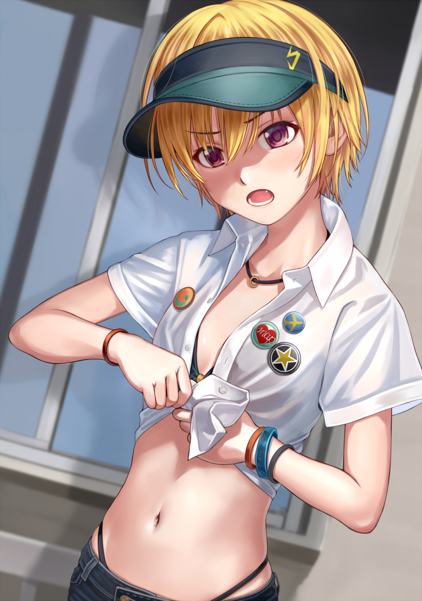 1girl badge bikini bikini_under_clothes black_bikini blonde_hair blush breasts button_badge cleavage commentary_request cowboy_shot fang green_headwear highres idolmaster idolmaster_shiny_colors jewelry looking_at_viewer navel necklace nekopuchi open_clothes open_mouth open_shirt purple_eyes saijo_juri shirt short_hair short_sleeves small_breasts solo stomach swimsuit unbuttoned unbuttoned_shirt visor_cap white_shirt window wristband