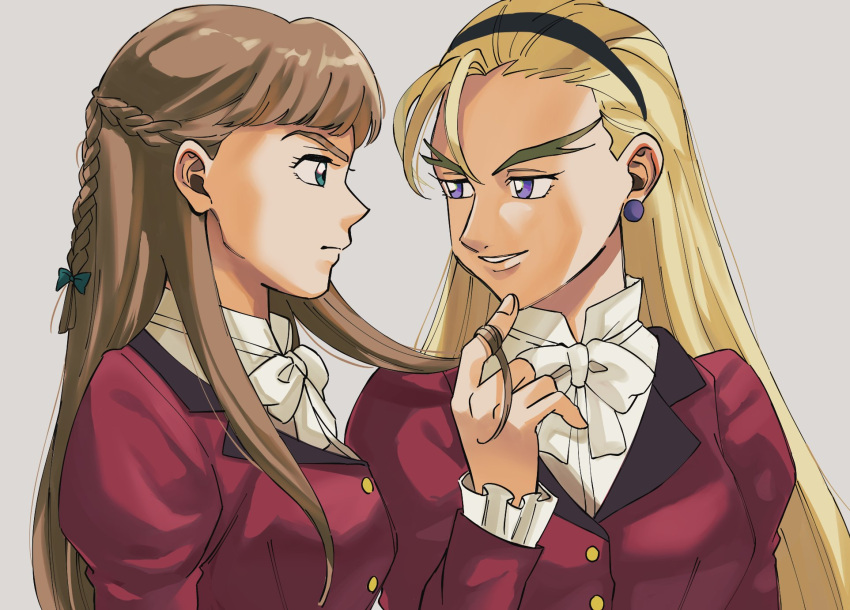 2girls blonde_hair bow braid brown_hair crown_braid dorothy_catalonia earrings green_eyes gundam gundam_wing hairband highres holding_another's_hair jacket jewelry lips long_hair long_sleeves looking_at_another multiple_girls parted_lips purple_eyes red_jacket relena_peacecraft school_uniform shirt smile tommmmieee upper_body white_bow white_shirt