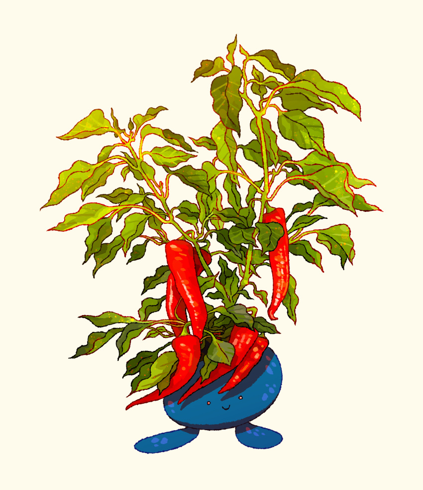 absurdres c: chili_pepper closed_mouth commentary creature daniel_j_permutt english_commentary full_body highres leaf looking_at_viewer no_humans oddish plant pokemon pokemon_(creature) shade shiny simple_background smile solo standing yellow_background