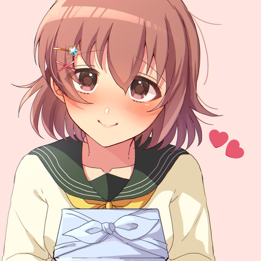 bangs bento blush breasts brown_eyes brown_hair close-up collarbone commentary_request eyebrows_visible_through_hair furoshiki hair_between_eyes hair_ornament hairclip heart highres idolmaster idolmaster_cinderella_girls kita_hinako long_sleeves looking_at_viewer medium_breasts neckerchief pink_background pmoufu pov sailor_collar shirt short_hair smile solo star_(symbol) star_hair_ornament upper_body white_shirt wrapped_bento yellow_neckerchief