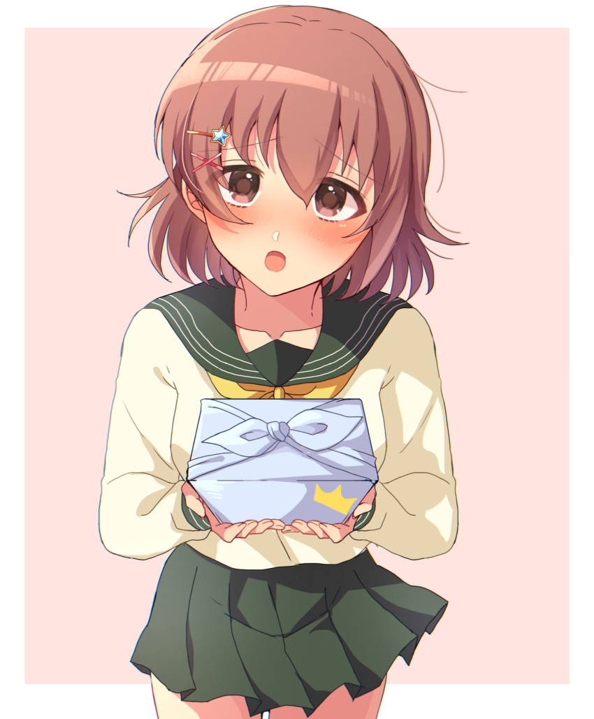 bangs bento blush breasts brown_eyes brown_hair collarbone commentary_request eyebrows_visible_through_hair furoshiki green_sailor_collar green_skirt hair_between_eyes hair_ornament hairclip hands_up highres holding_bento idolmaster idolmaster_cinderella_girls kita_hinako long_sleeves looking_at_viewer medium_breasts neckerchief open_mouth pink_background pleated_skirt pmoufu pov sailor_collar school_uniform serafuku shirt short_hair skirt solo star_(symbol) star_hair_ornament thighs white_shirt wrapped_bento yellow_neckerchief