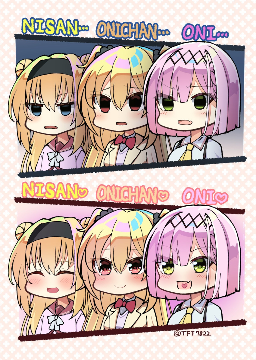 3girls ^_^ arihara_nanami ascot black_hairband blonde_hair blue_eyes blush bob_cut bow bowtie chibi chitose_sana closed_eyes closed_mouth commentary commentary_request company_connection crossover disgust double_bun empty_eyes eyelashes eyes_visible_through_hair fang frown furrowed_brow green_eyes grey_background hair_between_eyes hair_bun hairband happy heart heart-shaped_pupils heart_in_mouth highres jacket jitome long_hair looking_afar multiple_crossover multiple_girls open_mouth pink_background pink_hair pink_shirt red_bow red_bowtie red_eyes red_sailor_collar riddle_joker sailor_collar school_uniform shirt short_hair side-by-side simple_background skin_fang smile straight_hair symbol-shaped_pupils tanikaze_amane tenshi_souzou_re-boot! tenshinranman tft_(tft7822) trait_connection tsurime twitter_username two_side_up upper_body v-shaped_eyebrows white_shirt yellow_ascot yellow_jacket yuzu-soft