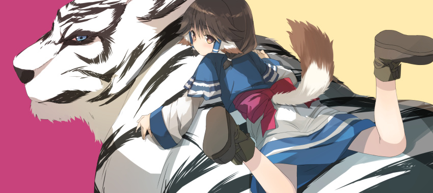 1girl animal_ears aruruu back_bow blue_eyes bow brown_eyes brown_hair carrying commentary_request expressionless feet_up from_behind hair_tubes highres long_sleeves looking_at_viewer looking_back lying medium_hair mukkuru nagesuteaka on_stomach piggyback pink_background red_bow solo tail tiger two-tone_background utawarerumono white_tiger wide_sleeves yellow_background