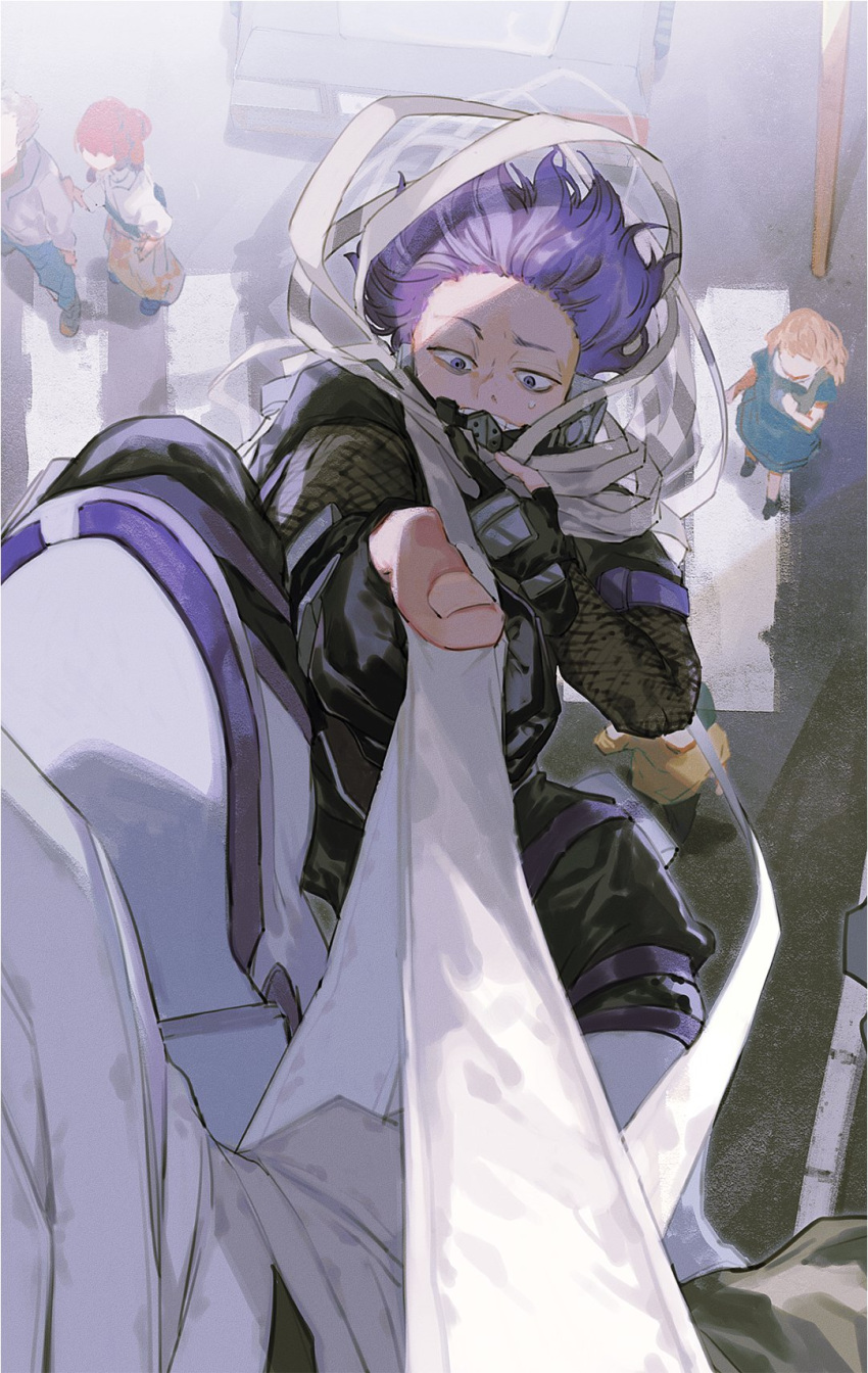1boy 2girls black_bodysuit black_gloves bodysuit boku_no_hero_academia commentary_request faceless faceless_female faceless_male fingerless_gloves from_above gloves hatutaro highres long_sleeves mask multiple_girls partial_commentary purple_eyes purple_hair shinsou_hitoshi solo_focus sweatdrop