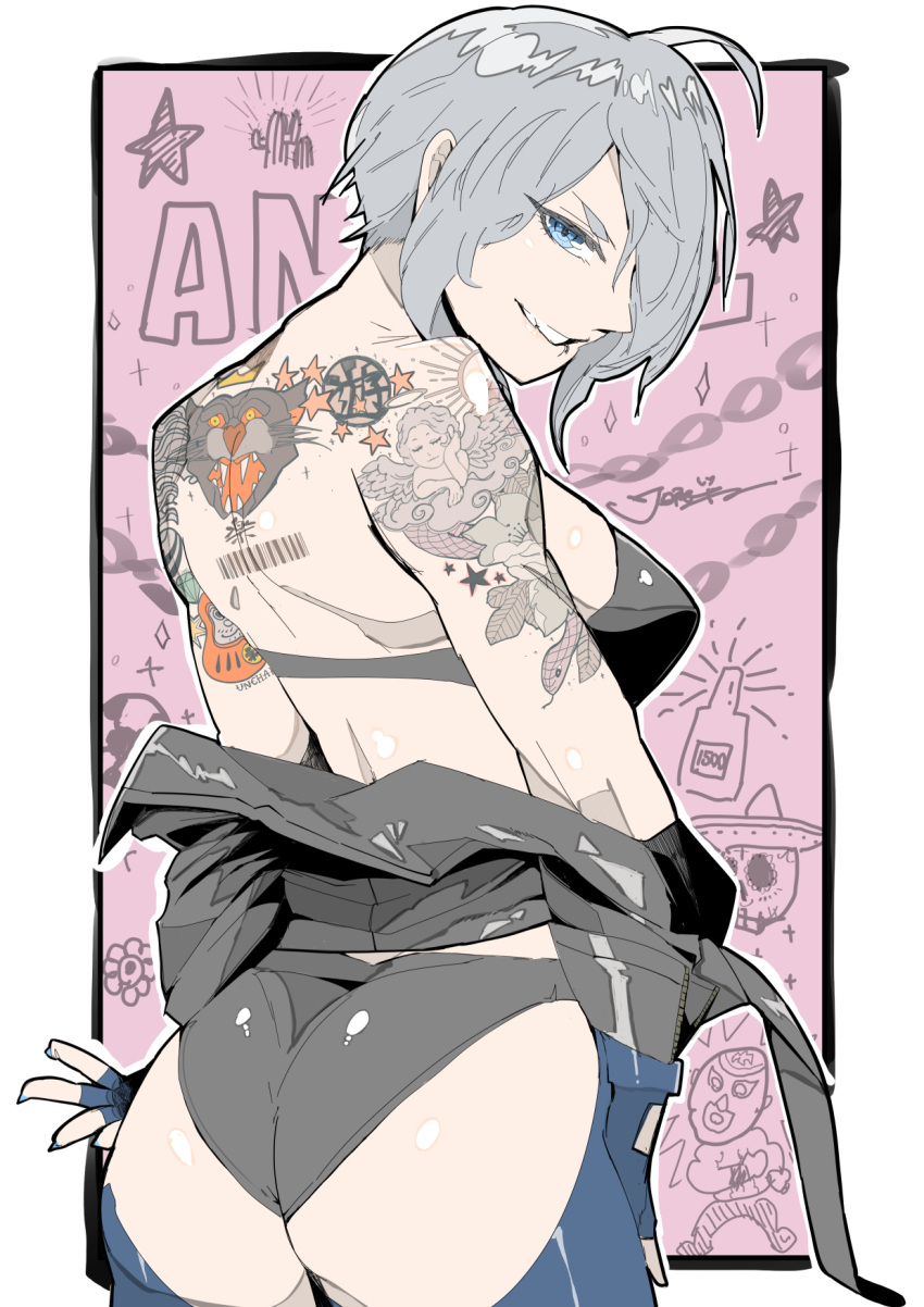 angel_(kof) backless_pants character_name fingerless_gloves gloves hair_over_one_eye hat highres jacket jinbei leather leather_jacket luchador pants sombrero tattoo the_king_of_fighters white_hair