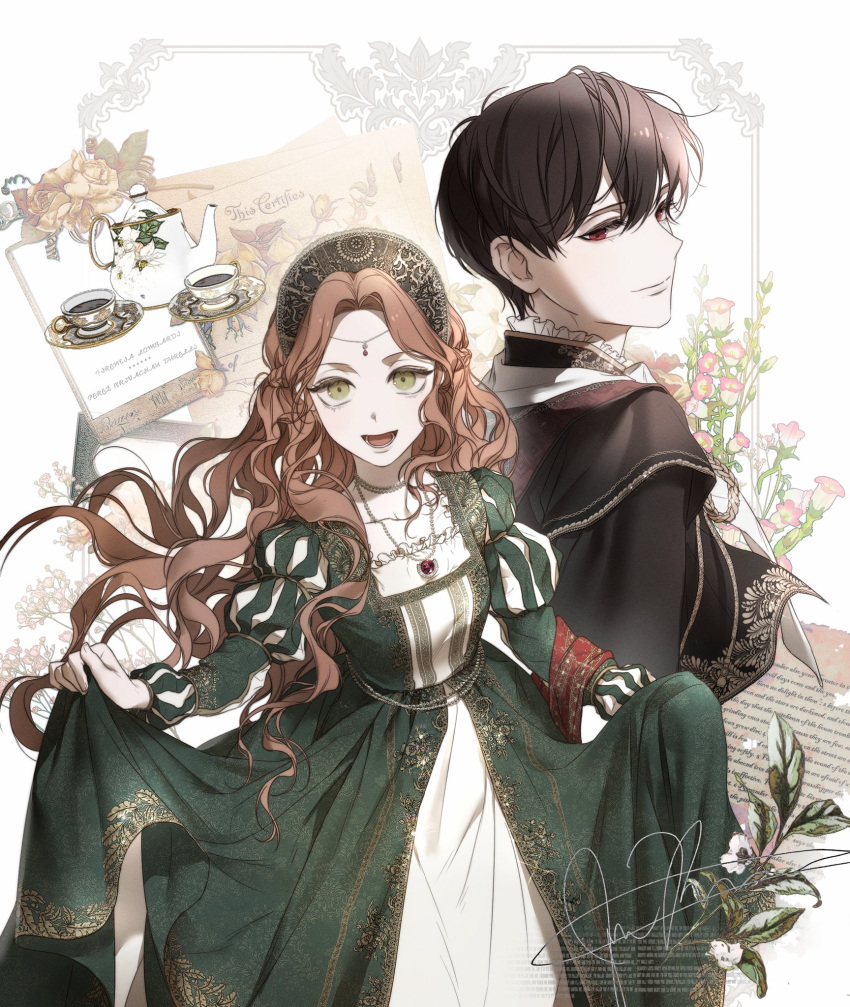 1boy 1girl :d black_hair black_jacket border circlet cup dress ea_ateu florentia_lombardi flower gem green_dress green_eyes half_updo hat highres i_shall_master_this_family jacket jewelry letter long_hair long_sleeves looking_at_viewer looking_to_the_side menu_board necklace outside_border pendant perez_brivacheu_durelli pink_flower puff_and_slash_sleeves puffy_sleeves red_eyes red_gemstone short_hair signature skirt_hold smile tea tea_set teacup teapot very_long_hair wavy_hair white_background