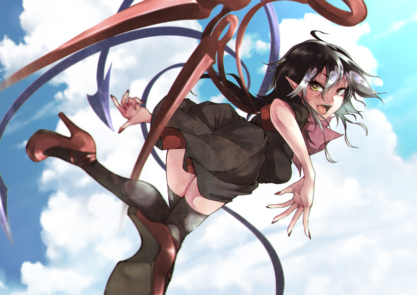 1girl ahoge ass asymmetrical_wings black_dress black_hair black_thighhighs blue_sky blue_wings bow bowtie breasts cloud commentary day dress fangs fingernails flying from_behind full_body hair_between_eyes high_heels highres houjuu_nue long_hair looking_at_viewer looking_back medium_breasts open_mouth outdoors pointy_ears red_bow red_bowtie red_footwear red_nails red_wings shoe_soles short_dress short_sleeves skindentation sky smile solo teeth teinba thighhighs touhou two-sided_dress two-sided_fabric wings yellow_eyes zettai_ryouiki