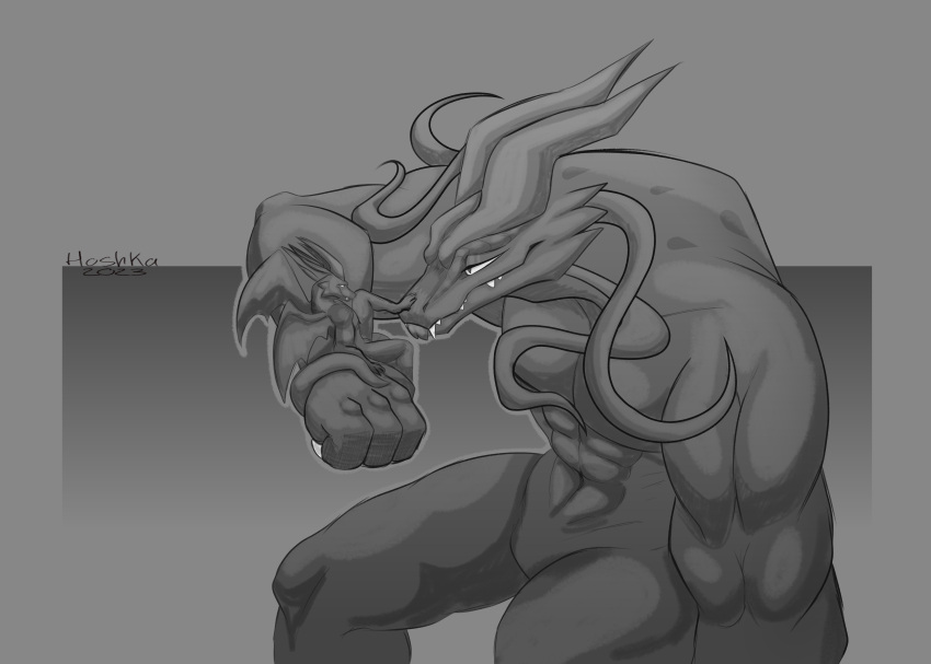 2024 absurd_res anthro blep claws digital_drawing_(artwork) digital_media_(artwork) dragon duo eye_contact fluffy_hypocrite hi_res horn hoshka hybrid intersex intersex/male larger_male lizard long_ears looking_at_another male male/male muscular muscular_anthro muscular_male nude reptile scalie simple_background size_difference size_transformation smaller_male smile smirk tail teeth tongue tongue_out transformation wings