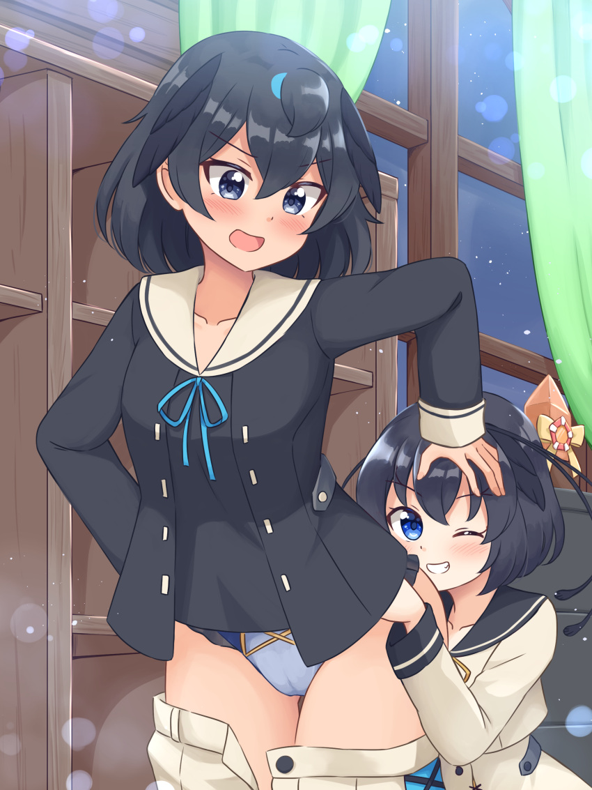 2girls absurdres black_hair black_sailor_collar black_shirt blue_eyes blue_panties blush bob_cut clothes_pull collared_shirt commentary commission cropped_jacket frown grin hand_on_another's_head high-waist_skirt highres indoors jacket kemono_friends long_sleeves looking_at_another looking_at_viewer looking_back multiple_girls night one_eye_closed open_mouth panties panty_pull pulled_by_another sailor_collar shiraha_maru shirt short_hair skirt skirt_pull smile squatting standing superb_bird-of-paradise_(kemono_friends) thigh_gap underwear western_parotia_(kemono_friends) white_jacket white_skirt window