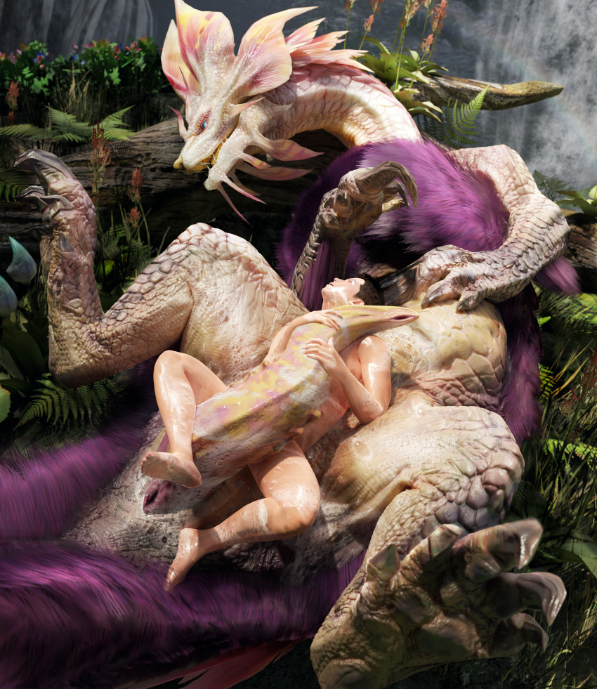 3d_(artwork) absurd_res animal_genitalia anus arm_tuft barefoot bestiality between_legs big_penis blue_eyes bodily_fluids bodyjob capcom chest_tuft claws cloaca cloacal_penis detailed_background digital_media_(artwork) duo embrace erection eye_contact feet feral fern fin flower fluffy fluffy_chest fluffy_tail foam fur genital_fluids genitals grass hair hi_res hug human human_on_feral interspecies ivorylagiacrus larger_feral larger_male leviathan_(mh) looking_at_another looking_at_partner lying male male/male mammal mizutsune monster_hunter multicolored_body multicolored_penis multicolored_scales nude on_back on_ground on_top_of_belly open_mouth outside penile penis penis_hug pink_body pink_penis pink_scales plant prehensile_penis pupils purple_body purple_fur purple_hair rainbow scales scalie sex sharp_claws sharp_teeth size_difference size_play slit_pupils smaller_human smaller_male smile soap soap_bubbles spread_legs spreading tail tapering_penis teeth toe_claws tongue trunk tuft waterfall wet white_body white_scales yellow_penis