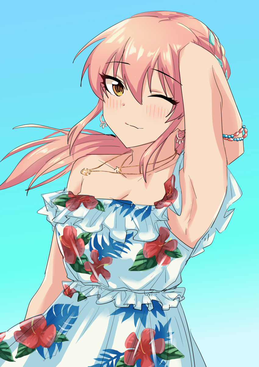 1girl absurdres arm_up armpits bare_shoulders bead_bracelet beads blue_background blue_dress blue_hair blush bracelet braid breasts cleavage closed_mouth collarbone dot_nose dress earrings floral_print frilled_dress frills gradient_background hair_between_eyes hibiscus_print highres idolmaster idolmaster_cinderella_girls idolmaster_cinderella_girls_starlight_stage jewelry jougasaki_mika koubashiifuna long_hair looking_at_viewer medium_breasts multicolored_hair necklace off-shoulder_dress off_shoulder one_eye_closed pink_hair print_dress simple_background smile solo star_(symbol) star_necklace streaked_hair upper_body yellow_eyes