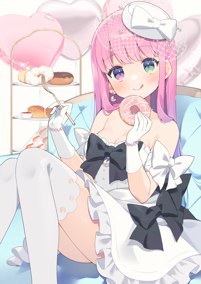 1girl :p absurdres armband balloon bare_shoulders black_bow bow bracelet breasts cake cleavage crescent crescent_cutout crescent_earrings doughnut dress earrings food fork frilled_dress frills gloves gradient_hair green_eyes heart_balloon heterochromia highres himemori_luna himemori_luna_(4th_costume) holding holding_fork hololive jewelry long_hair multicolored_hair necklace nyasunyadoora pearl_bracelet pearl_necklace pillbox_hat pink_hair purple_eyes short_dress sitting sleeveless sleeveless_dress star_cutout strawberry_shortcake thighhighs tiered_tray tongue tongue_out white_armband white_bow white_dress white_gloves white_headwear white_thighhighs